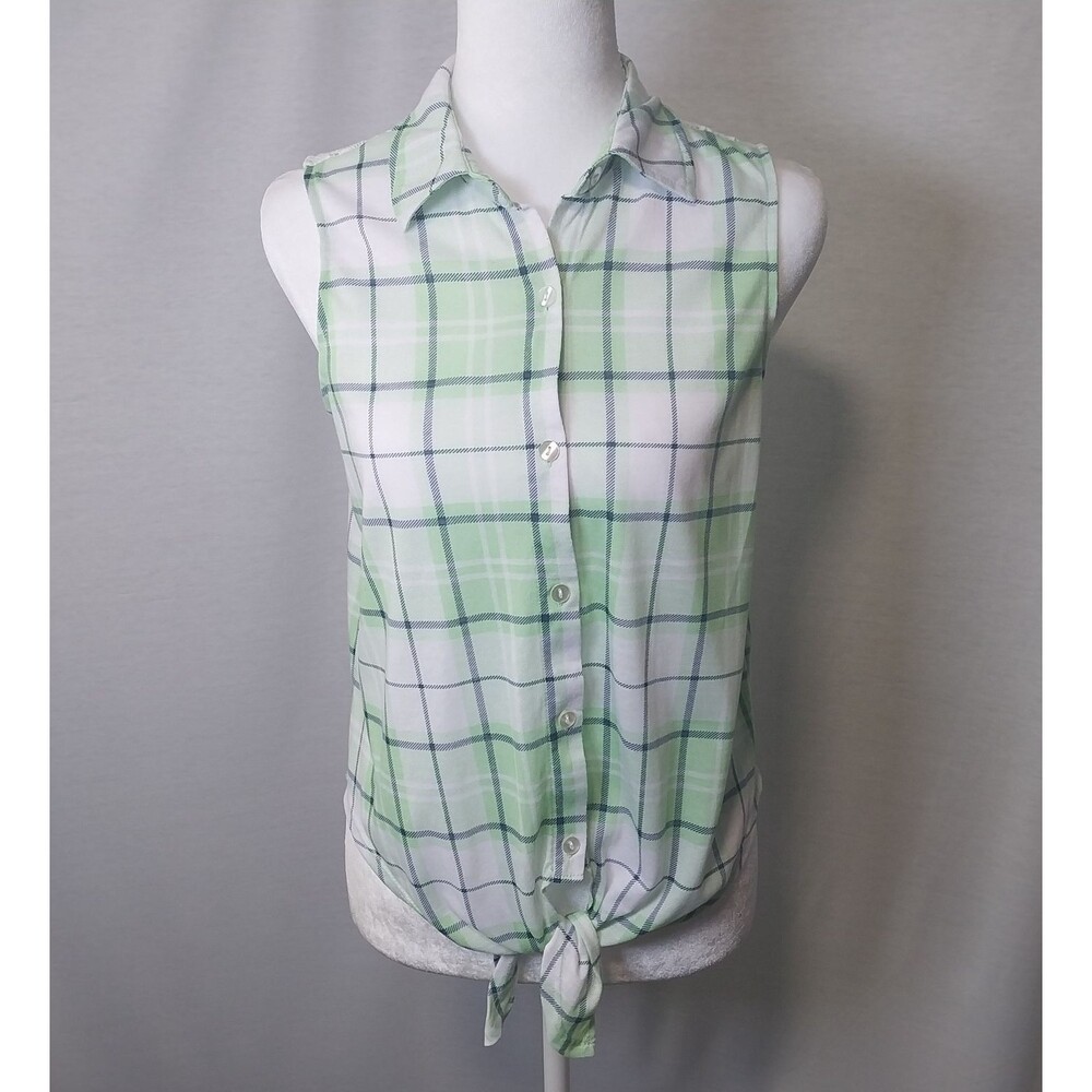 No Boundaries Sleeveless Button Up Shirt Plaid Green White Lattice Back Size S